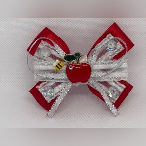 Red and Silver Bow with Apple and Bee Charm